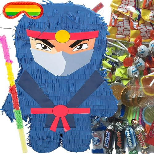 Pinata * NINJA + STOCK + BRILLE + SÜSSIGKEITEN * als Spiel und Deko für Kindergeburtstag und Mottoparty | Größe: 45x34x10cm | Kompatibel zum Ninjago Geburtstag | Pinatas Kinder Party
