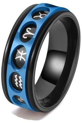 Skcess Edelstahl Herrenringe, Herren Ring Blau 12 Symbole Drehbar Ringe für Herren Männer Größe 67 (21.3)