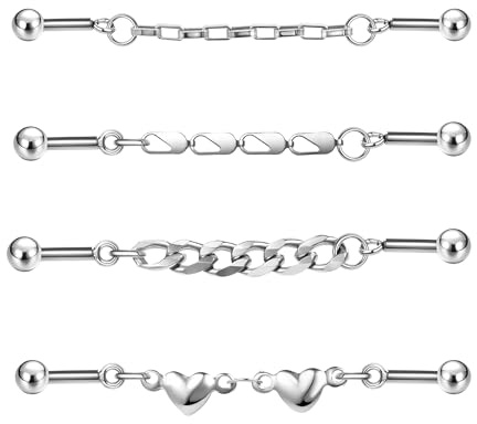 ZS 4Pcs 16G Chain Industrial Barbell Earring, 316L Surgical Steel Chain Cartilage Helix Stud Earrings, Industrial Bar Piercing Jewelry for Women Men