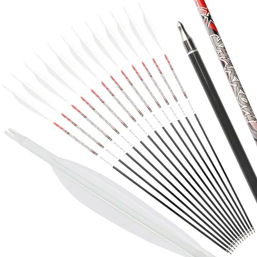 wolfman 32 Zoll 100% reines Carbon Pfeile für Bogenschießen Spine 300-800 Zielpfeile Erwachsene mit 5 Federn Jagdpfeil für Compound Bogen Recurve Bogen Bogen und Pfeil (Weiß, Spine 500)