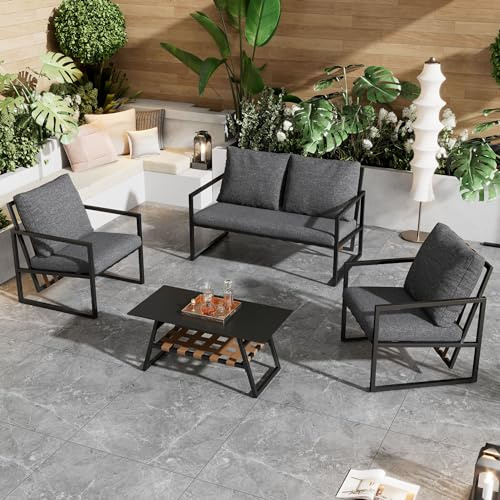 LATICO Gartenmöbel Set, Balkonmöbel Lounge Möbel Outdoor Sofagarnitur, Doppelsofa 2 Sessel mit Kissen, Glastisch Couchtisch mit Aufbewahrungsschicht, Gartenlounge Möbel Terrassenmöbel Außen, Schwarz