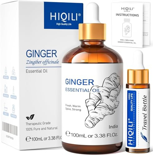 HIQILI Huile Essentielle Gingembre 100ml, 100% Naturelle, pour Massage, Peau, Cheveux, Diffuseur, Inclut Flacon Voyage 10ml