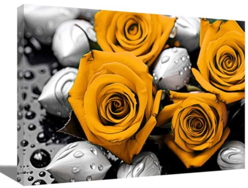 ZQQART Rosen Wanddekoration auf Leinwand schwarz weiße Rose auf Stein Bilddrucke romantische Blumen Gemälde für Schlafzimmer Zuhause Wanddekoration gerahmt (Gelb,60x90cm)