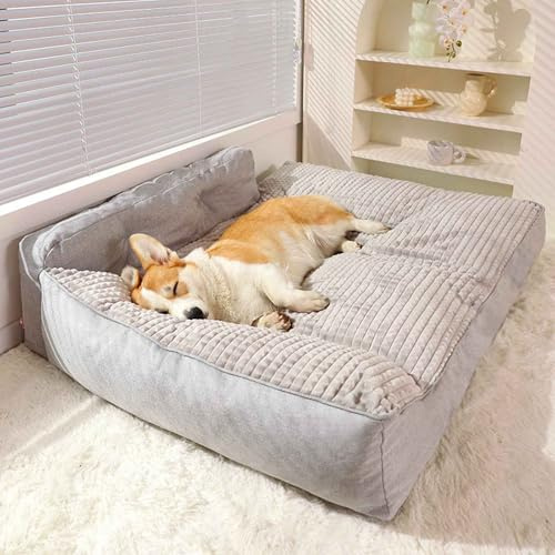 PJDDP Medium Large Dog Bed, Soft Pet Dog Sofa Couch Bed, Dog Sofa Bed with Waterproof Removable Cover, Pet Dog Sofa Bed Mattress with Non-Slip Base,Gray,L