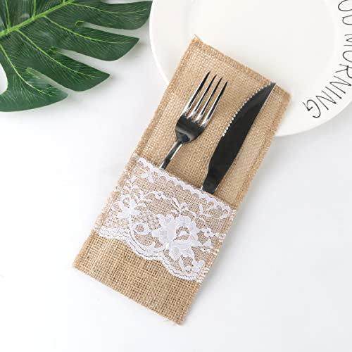 PTNKUIIY 50 Stück Jute Bestecktaschen - Vintage Jute Bestecktaschen mit Spitze Besteckhalter aus Sackleinen Hochzeitsdeko Tischdeko für Hochzeit Party Geburtstag Zuhause Kommunion Ostern -#1