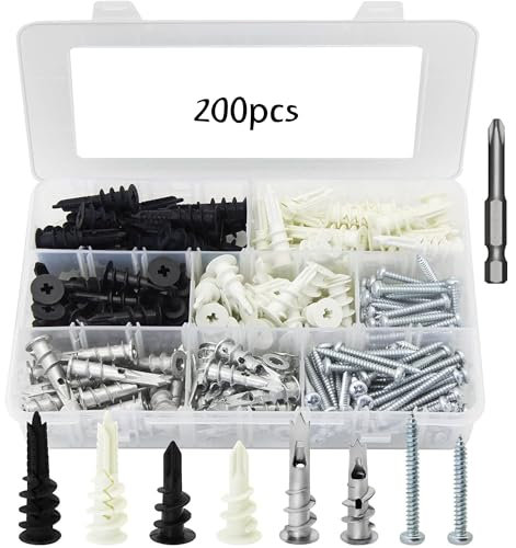 FGXY 200pcs Hollow Wall Fixings, Plasterboard Fixings, Wall Anchor, Screws Anchors Plugs Assortment Set, Hollow Wall Anchor Kits, Used For Fixing Curtain, Mural, Wall Cabinet, Lamp, Shelf, TV, Etc