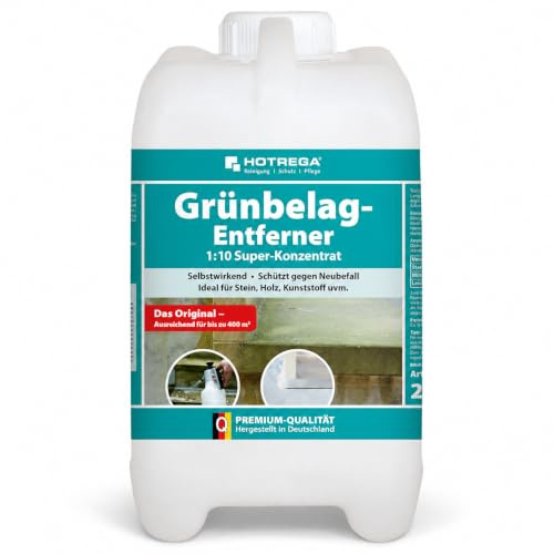 HOTREGA Grünbelagentferner 2 L | 1:10 Super-Konzentrat gegen Algen & Moos | Säurefreie Reinigung von Stein, Holz, Kunststoff & Keramik | PH-neutraler Schutz für Terrasse, Fassade & Gartenmöbel