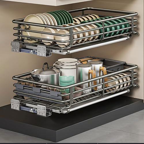 CAFIEDR Ausziehbares Ablageregal, ausziehbare Schubladen für Küchenschränke mit verstellbaren Schienen, Wasserschale, Installation > 16,5 T x 17,3 x 17,7-36,2 B(Grau 790x410x140mm)