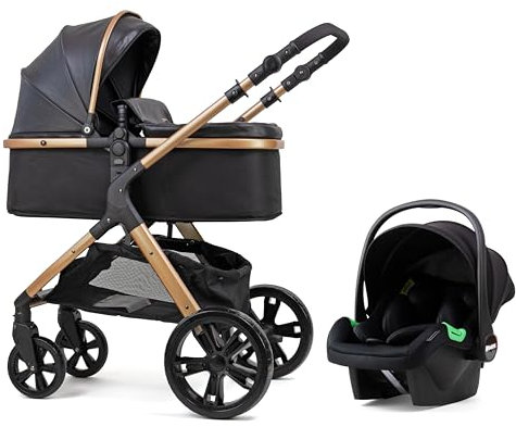 Pixini Arizona 3 in 1 Kinderwagen Set schwarz gold Kombikinderwagen inkl. Babywanne, Buggy Sportsitz, Auto-Babyschale i-Size zertifiziert – Premium Kunstleder bis 22 kg geeignet, großer Einkaufskorb