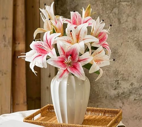 Lot de 12 fleurs de lys artificielles, 79 cm de long, 4 tiges avec 12 têtes de lys tigrés pour maison, hôtel, arrangement floral, décoration de fête (rose)