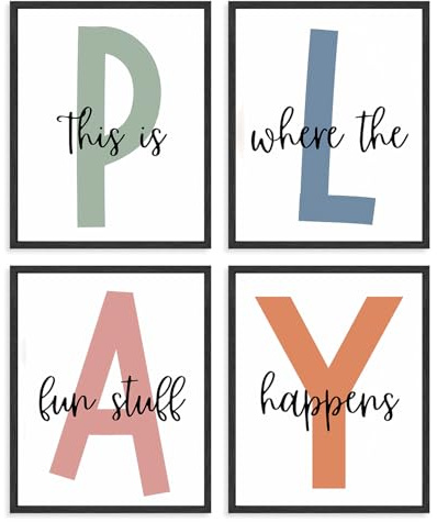 Dazzlewall 4Pcs Kids Playroom Wall Art Poster Modern Nursery Decor, Playful Quotes Wall Poster for Kids Bedroom Toddlers Room Decor 8x10 in Unframed