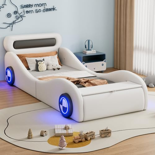 Zepneiy - Cama infantil de 90 x 200 cm, con espacio de almacenamiento, cama de coche infantil con ruedas luminosas y con láminas, marco de cama individual aus PU blanco (sin colchón)