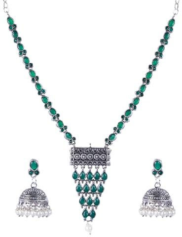 Efulgenz Oxidized Indian Jewelry Necklace Sets Boho Indian Oxidized Jewelry Chain Pendant Green Crystal Necklace Set Faux Pearl Drop Jhumka Dangle Earrings Bohemian Statement Jewelry Set for Women