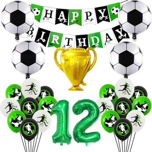Fussball deko geburtstag kinder，12 Junge Geburtstagsdeko fussball，25 Stück fußball party Lieferungen，Enthäl banner，Trophäenballon，Fußball-Folienballon，Zahl Folienballon，Luftballon fussball