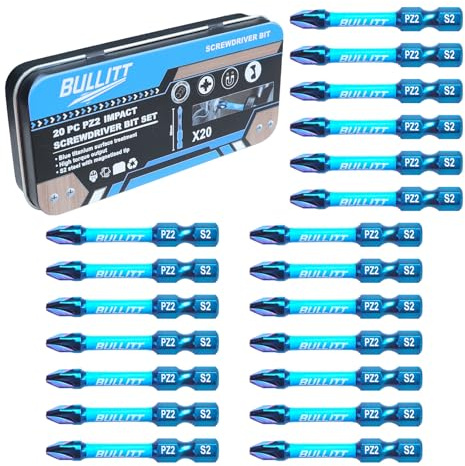 BULLITT Screwdriver Bits Set,PZ2 Impact Screwdriver Bits with 1/4 Hex Shank, 20 Pcs 50mm Single Ended Impact Driver Bits PoziDriv No.2 Heavy Duty,S2 Steel with magnetised tip in one tin Box