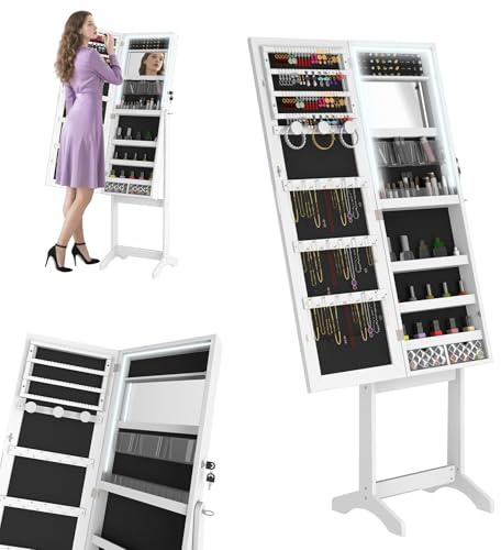 LZQ Schmuckschrank mit Spiegel und LED-Leuchten Spiegelschrank Verstellbarer Schmuckregal Abschließbar Schmuckorganisator 2-in-1 Schmuckaufbewahrung Schmuck-Organizer, 152 x 39,5 x 36,5 cm, Weiß
