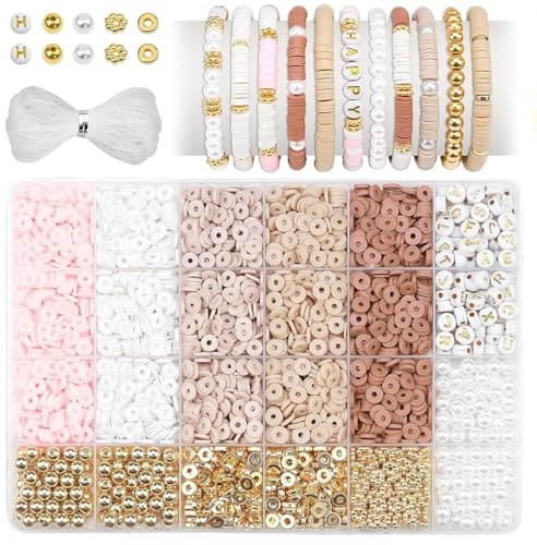 pekifaves Perlen für Armbänder Set, 6mm Heishi Clay Perlen, Rosa Weiß Braun | Bunte Clay Beads zum Auffädeln Kit, für Schmuckherstellung, Freundschaftsarmband Selber Machen