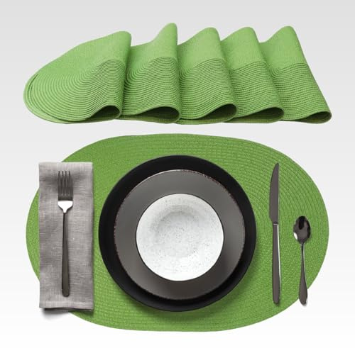 AGYO Set 6 Tovagliette Ovali Intrecciate 44 x 29,5 cm – Placemat Ovali in PP Verde, Lavabili, Antiscivolo e Arrotolabili – Ideali per Tavola, Cucina e Outdoor