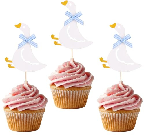 Penitue 12 Stück Alberne Gänse Cupcake Topper, Süße Weiße Gänse Geburtstagskuchen Dekorationen mit Schleife Lustige Party Dekorationen für Kindergeburtstagspartys und Babypartys (Blau)