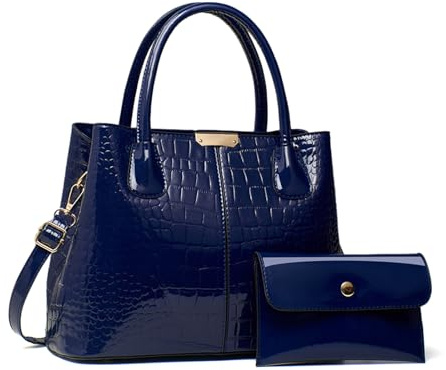 NICOLE & DORIS Borsa Donna Vernice Borsa e Portafoglio Set 2 Pezzi Borse a Mano Coccodrillo Borsetta Tracolla Borsa a Spalla per Lavoro Shopping Viaggi Blu