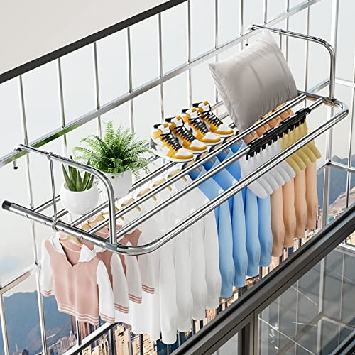 Balcony Drying Rack, Railings Drying Racks For Windows, Stainless Steel Multifunctional Folding Balcony Shoe Rack Radiator Clothes Drying Rack, Clothing Dryer Rack, For Clothes, Shoes, Silve
