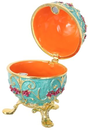 Garneck Hand Painted Enameled Hinged Russian Egg Trinket Box with Rhinestones Vintage Collectible Jewelry Organizer for Rings and Necklaces Blue Metal Keepsake with Enamel Detailing