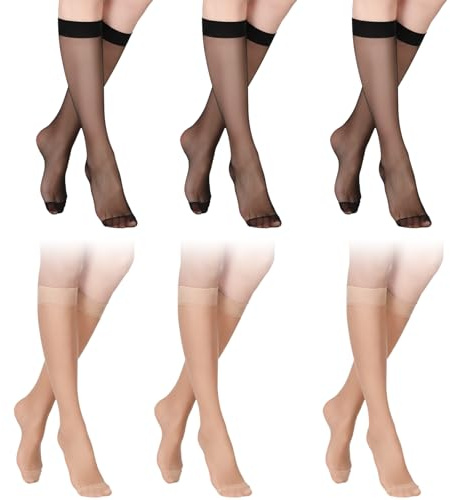 LIQWEI 6 Pairs Knee High Stockings for Women, Elastic Fine Sheer Socks Black Knee High Stocking, Hose Hosiery Stockings for Women