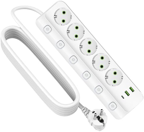 Regleta conmutable individualmente, regleta con 2 USB-A y 1 USB C, 8 en 1, multienchufe, protección contra sobretensiones para el hogar, la oficina (blanco)