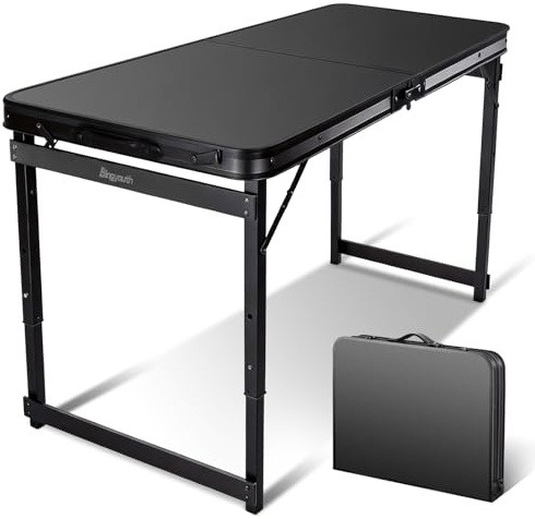 Bingyouth Compact Folding Table 100x60cm (3.3ft), 3-Height Adjustable (45/52/60cm) Portable Picnic Table for 2, Lightweight with Carry Handle for Garden Balcony Camping, Easy-Wipe Surface, Black