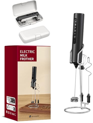 Handheld Milk Frother, Rechargeable, Powerful Three Speed Handheld Beverage Blender with Stainless Steel Blender and Stand, Suitable for Coffee, Latte, Cappuccino（Black）