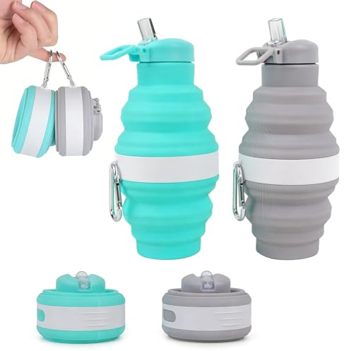 SKIKHN Botella de Agua Plegable 2 Piezas, 475 ml Vasos Plegables con Paja, Sin BPA, Botella de Agua Plegable Silicona con Mosquetón, para Fitness Senderismo Gimnasio (Azul + Gris)