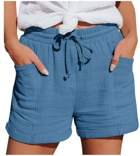 Shorts pour Femmes Short en Lin Femme Couleur Unie Bermudas Shorts de Plage Fluides Eté Coupe Ample et Légère Pantalon Court Taille Elastique Taille Haute Décontracté Bermuda Sport Tailles S à 5XL