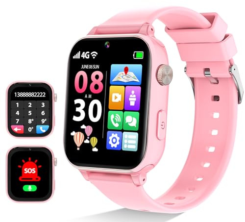 PTHTECHUS 4G Montre Connectée Enfant, Téléphone Smartwatch pour Filles Garçons avec Appel SOS Vidéo Podomètre Mode Classe, Montre Cadeau pour Enfants 5-12 Ans 01A22Rose