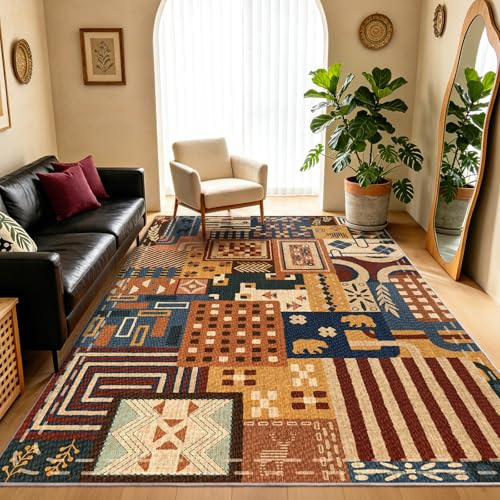 Rezutan Washable Living Room Rugs 140x200cm Animal Boho Patchwork Rug | Non-Slip & Low Pile Indoor Carpet for Bedroom , Dining Room, Office Decor