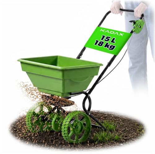 KADAX Épandeur 15 l avec roues, épandeur d'engrais, salière et épandeur de graines pour jardin et service d'hiver, épandeur manuel pour sel de déneigement et engrais de pelouse