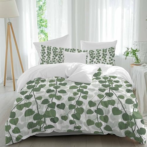 Litter Star Duvet Cover Queen Size 3 Piece Bedding Set, Spring Plants Ivy Soft Breathable Comforter Cover with 2 Pillow Shams, Green Heartleaf Philodendron Luxury Duvet Covers with Zipper Closure