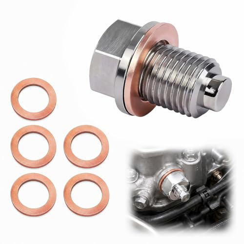 Magnetic Oil Drain Plug, Oil Sump Plug Nut Bolt with 5 Copper Washers, Stainless Steel Oil Plug Replacement for Most Cars Motorcycle Engine Oil Pan Protection (M14x1.5)