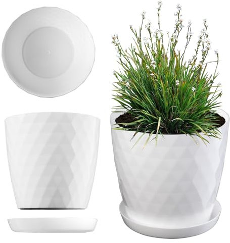 KADAX Maceta decorativa para flores y plantas con platillo, material ligero y resistente, 16 cm, blanco