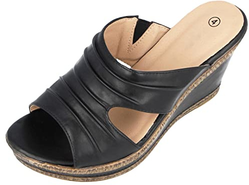 Yinka Shoes Ladies Real Leather Lined Open Toe Slip On Backless Mules Mid Wedge Heel Summer Sandals Size 3-8