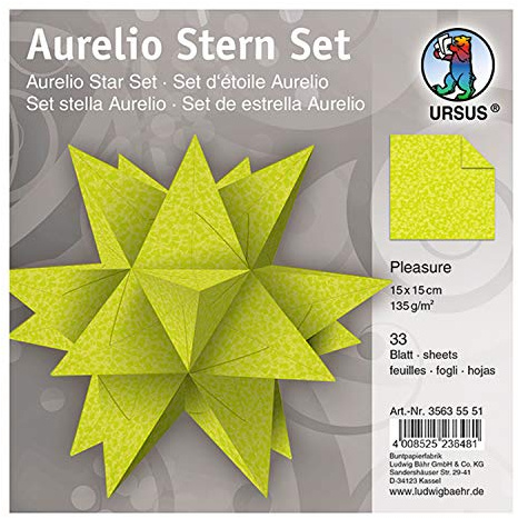Ursus 35635551 - Faltblätter Aurelio Stern Pleasure, hellgrün, 33 Blatt, aus Papier 135 g/qm, ca. 15 x 15 cm, beidseitig bedruckt, ideal als Weihnachtsdeko