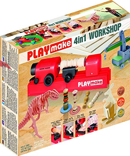 PLAYMAKE 4in1 Workshop - Kreativwerkstatt für Kinder ab 5 Jahren - Technikspielzeug für Holz und Karton - Sicheres Werkzeug für Kinder - 4 Funktionen in einem Spielzeug - Made in Austria