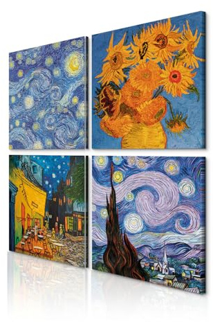 decomonkey Bilder Set Abstrakt Vincent van Gogh 4 Teilig- jedes Teil 40x40 cm | Leinwandbilder Bild auf Leinwand Vlies Wandbild Kunstdruck Wanddeko Wand Wohnzimmer Wanddekoration Deko Blumen Nacht