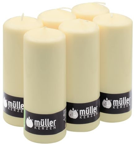 Müller KERZEN Müller Hohe Stumpenkerzen – Set mit 6 unparfümierten Elfenbeinkerzen in Großpackung – 6,8 x 18 cm – 60 Stunden langlebige Dekorkerzen – tropffreies Wachs