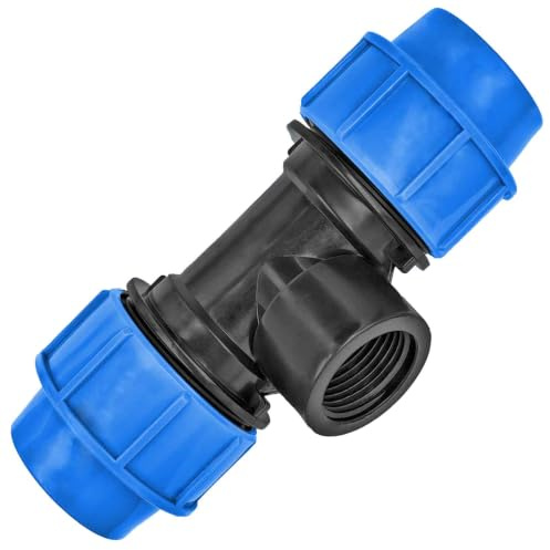 MegaHaustechnik T-Stück, 32mm x 1/2“ IG x 32mm, PP-Fitting Klemmverbinder | Trinkwasser geeignet, Druck 16 Bar, für PE-Rohr-Außendurchmesser 32mm, 1/2 Zoll Innengewinde, Adapter, blau