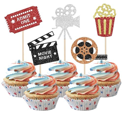 SYKYCTCY 30 Pack Movie Theater Cupcake Toppers Glitter Night Roll Camera Popcorn Cupcake Picks Hollywood Theme Happy Birthday Party Cake Decorations Supplies