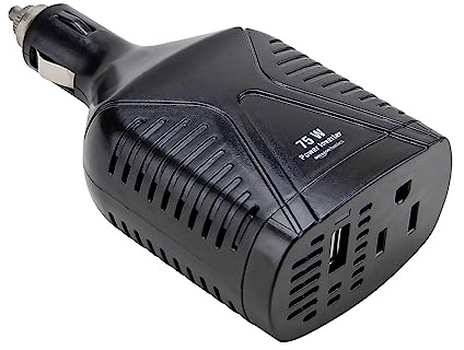 Amazon Basics 75W Portable Car Power Inverter, 12V to 110V, USB Charging Port, AC Outlet for Vehicles, Black, 5.07 x 2.65 x 1.6 inches
