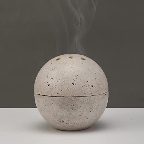 Natural Travertine Round Incense Cone Holder, Minimalist Sphere Incense Burner for Cones, Home Decorations 3.94in (Gray)