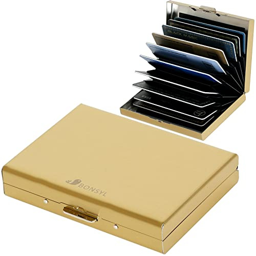 BONSYL® Kreditkartenetui aus Metall mit RFID-Blockierung und 10 Fächern, Ultradünnes Kreditkartenhüllen Geldbörse aus Edelstahl für Männer und Frauen. (10 Karten/Gold)