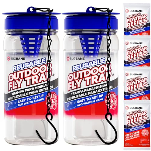2 Fly Traps Outdoor Fly Trap for Patio with 4 Non-Toxic Dissolvable Bait Refills. Reusable Hanging Bug Catcher Killer for All Filth Flies for Outside Bug Control Yard Ranch. Hanging Chains Included.