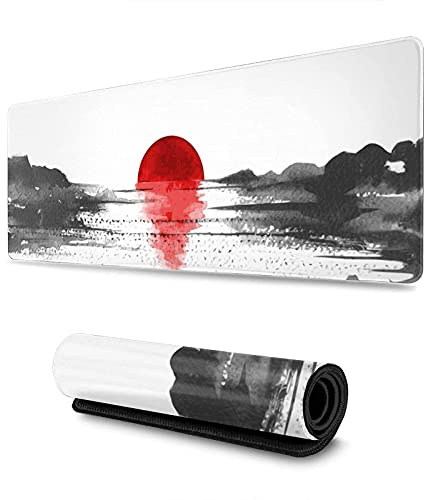 Grand tapis de souris de jeu, noir et blanc, motif fleurs de cerisier étendu, 3 mm d'épaisseur, bords cousus en caoutchouc antidérapant (80 x 30 cm) (coucher de soleil)